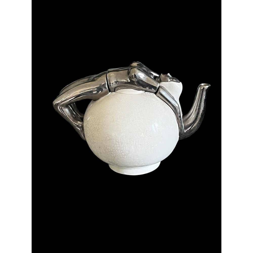 Art Deco Nude Female Figure Teapot White Crackle Glaze Metallic Silver Ceramic